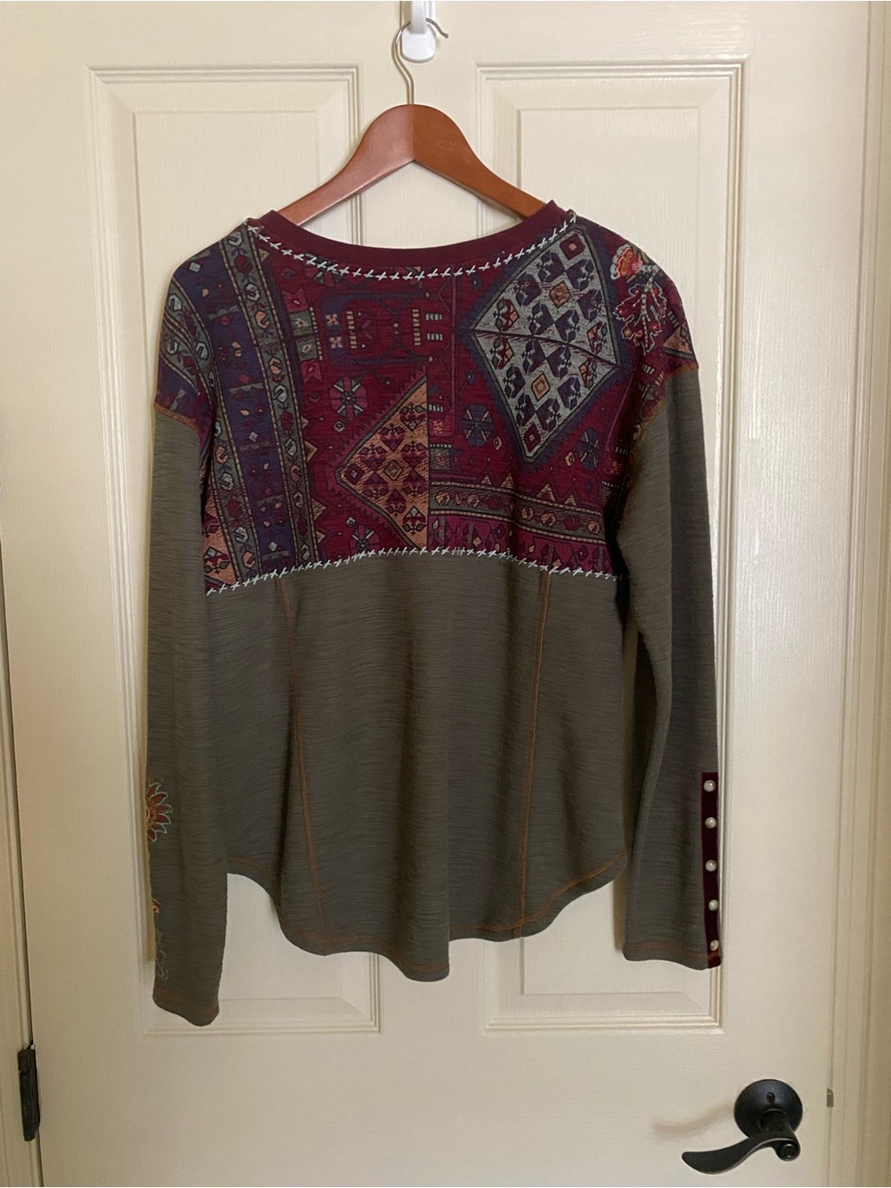 Double D Ranch Olive and Burgundy Patchwork Long Sleeve Tee - Picture 3 of 5